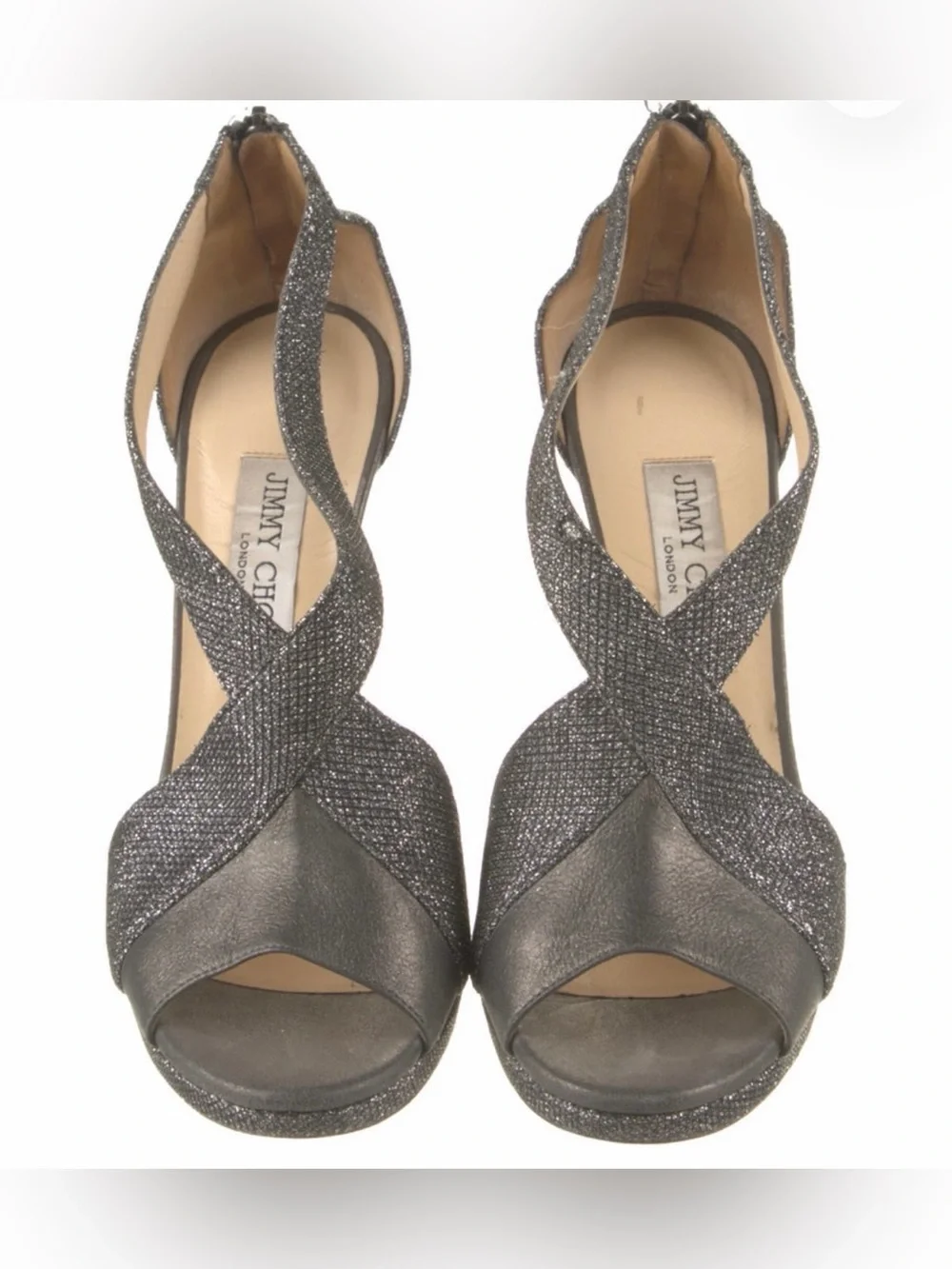 Jimmy Choo Glitter Cross-Strap Platform Heels in Gunmetal Sparkle